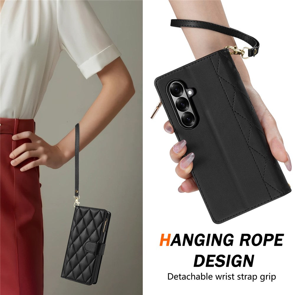 For Samsung Galaxy Z Fold7 5G Case Rhombus Stitching Leather Wallet Phone Cover with Long  /  Short Strap - Black