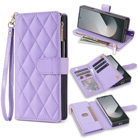 For Samsung Galaxy Z Fold7 5G Case Rhombus Stitching Leather Wallet Phone Cover with Long  /  Short Strap - Light Purple