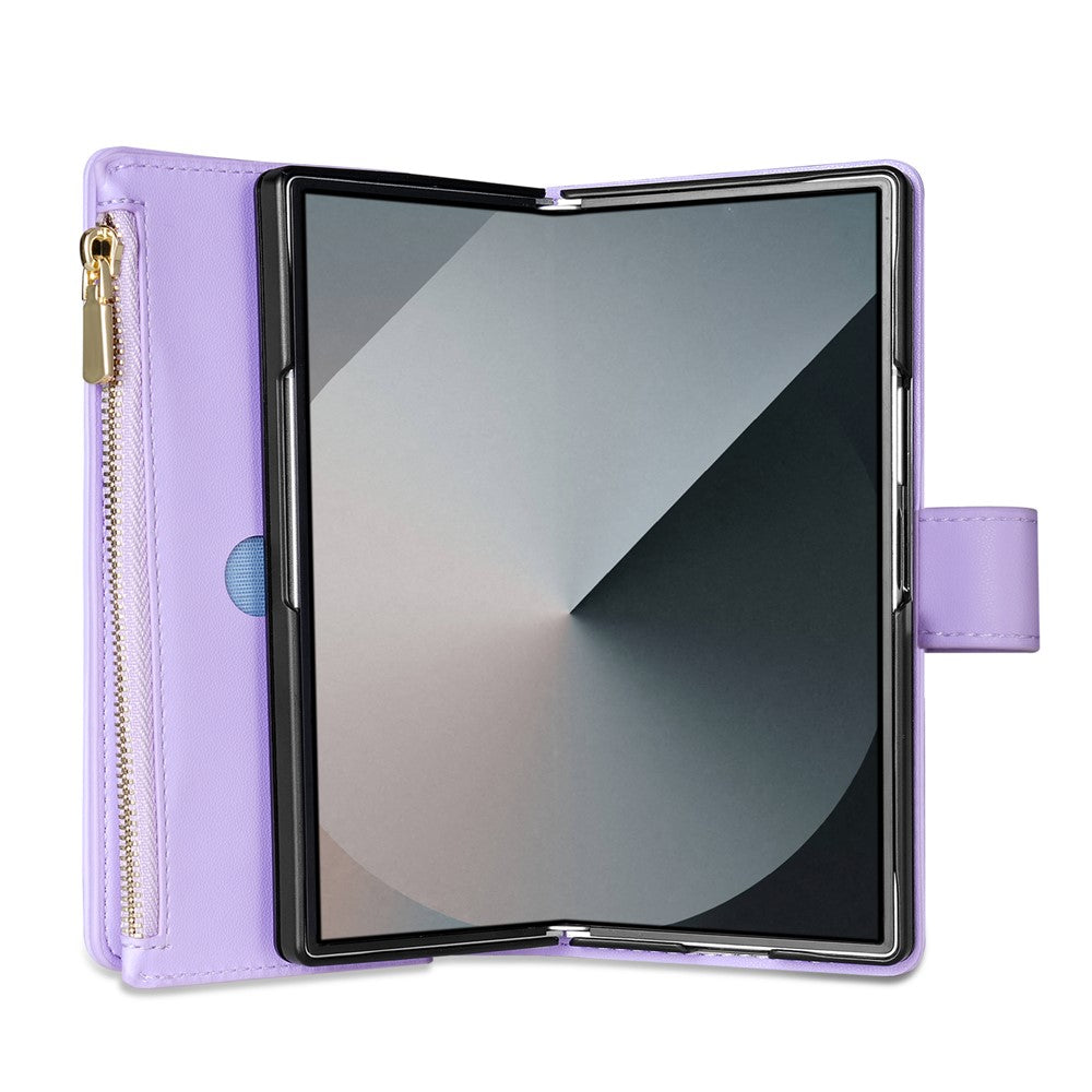 For Samsung Galaxy Z Fold7 5G Case Rhombus Stitching Leather Wallet Phone Cover with Long  /  Short Strap - Light Purple