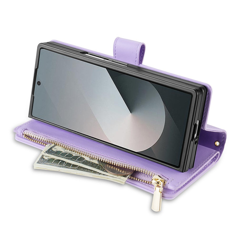 For Samsung Galaxy Z Fold7 5G Case Rhombus Stitching Leather Wallet Phone Cover with Long  /  Short Strap - Light Purple