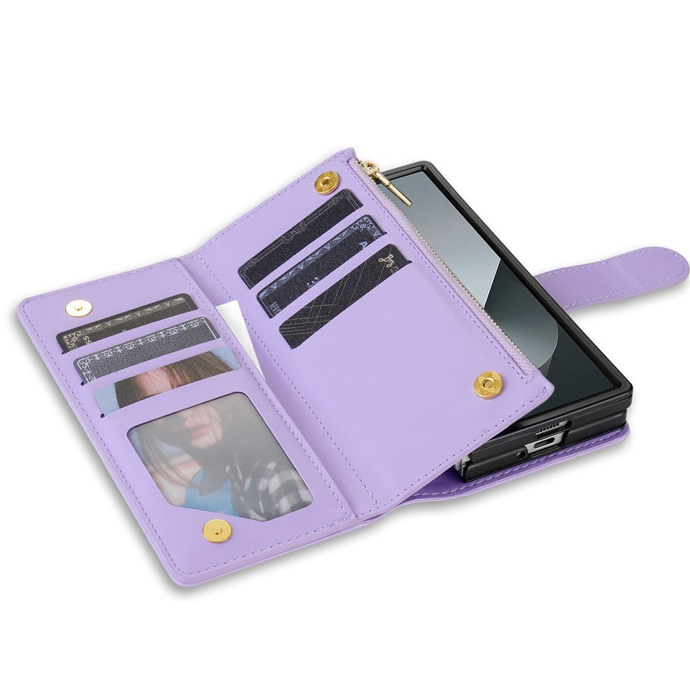 For Samsung Galaxy Z Fold7 5G Case Rhombus Stitching Leather Wallet Phone Cover with Long  /  Short Strap - Light Purple