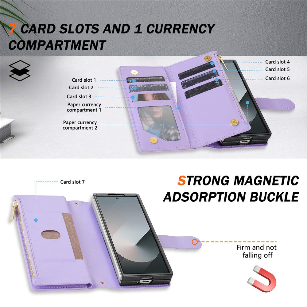 For Samsung Galaxy Z Fold7 5G Case Rhombus Stitching Leather Wallet Phone Cover with Long  /  Short Strap - Light Purple