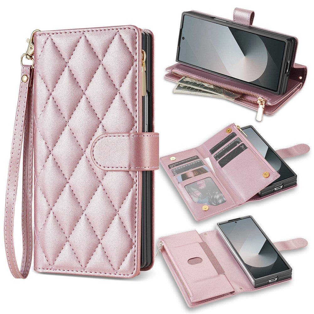 For Samsung Galaxy Z Fold7 5G Case Rhombus Stitching Leather Wallet Phone Cover with Long  /  Short Strap - Rose Gold