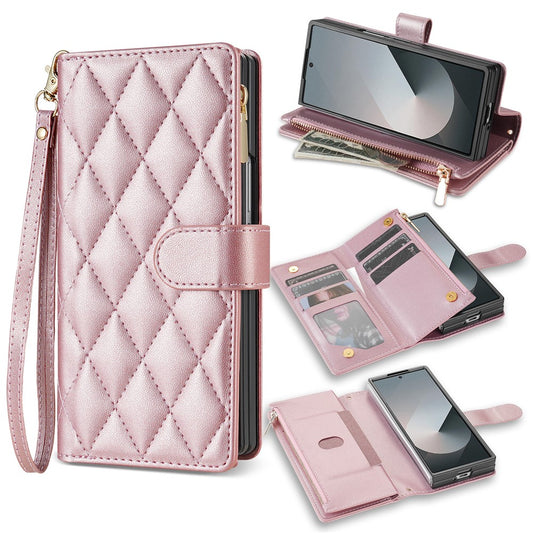 For Samsung Galaxy Z Fold7 5G Case Rhombus Stitching Leather Wallet Phone Cover with Long  /  Short Strap - Rose Gold