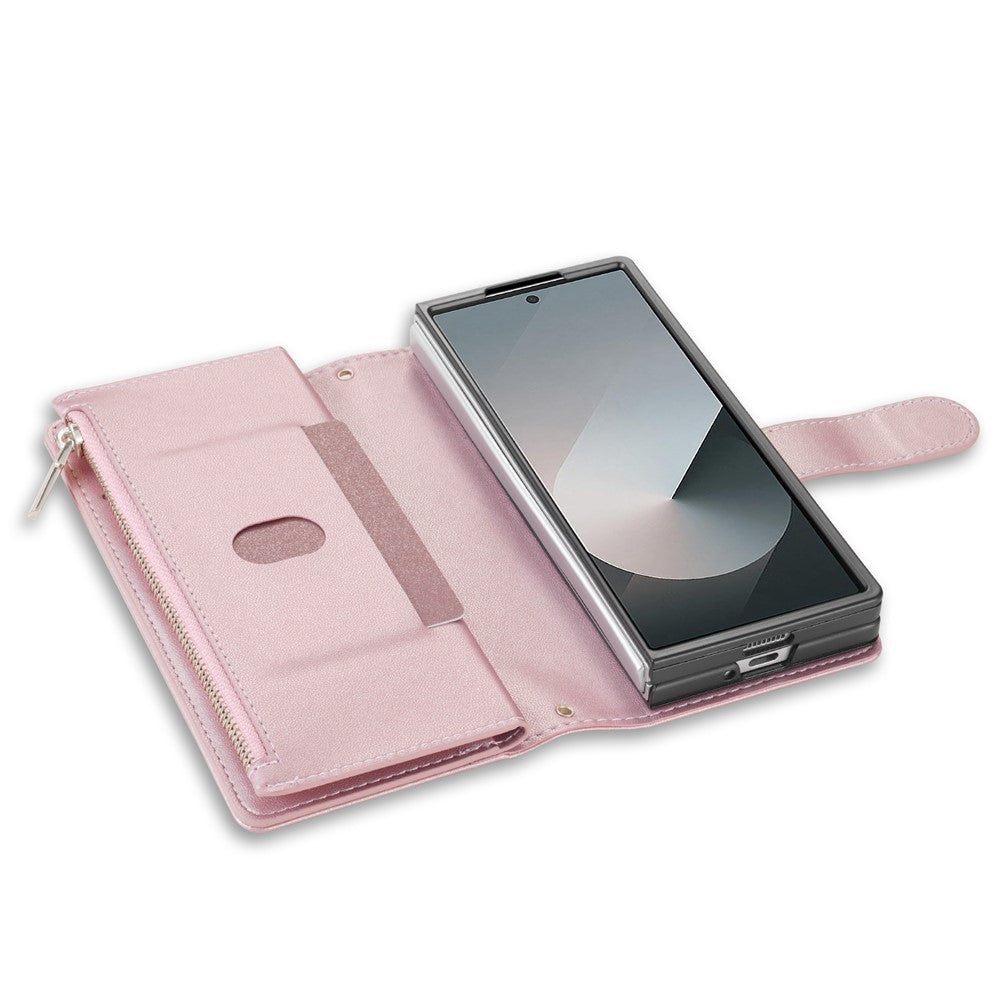 For Samsung Galaxy Z Fold7 5G Case Rhombus Stitching Leather Wallet Phone Cover with Long  /  Short Strap - Rose Gold