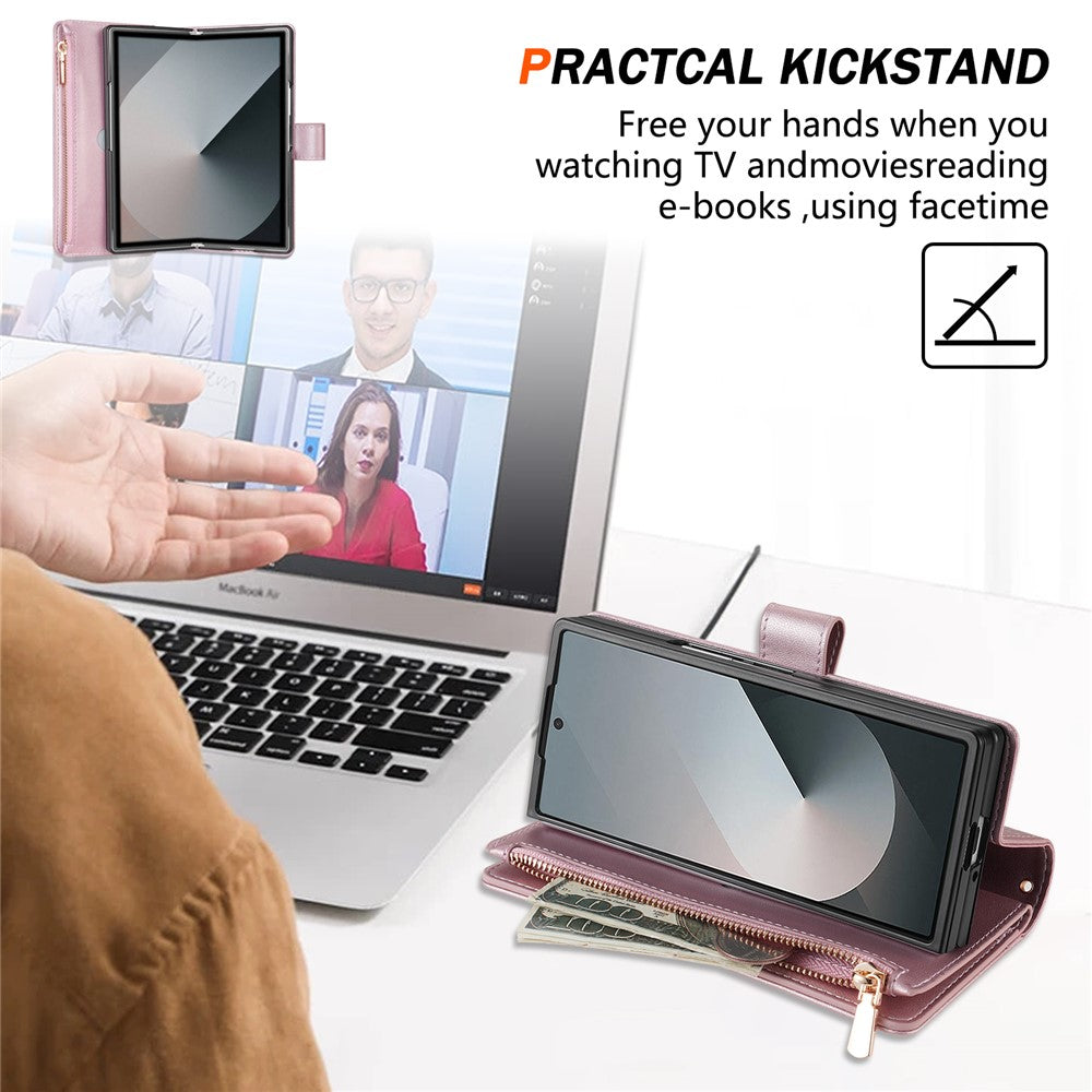 For Samsung Galaxy Z Fold7 5G Case Rhombus Stitching Leather Wallet Phone Cover with Long  /  Short Strap - Rose Gold