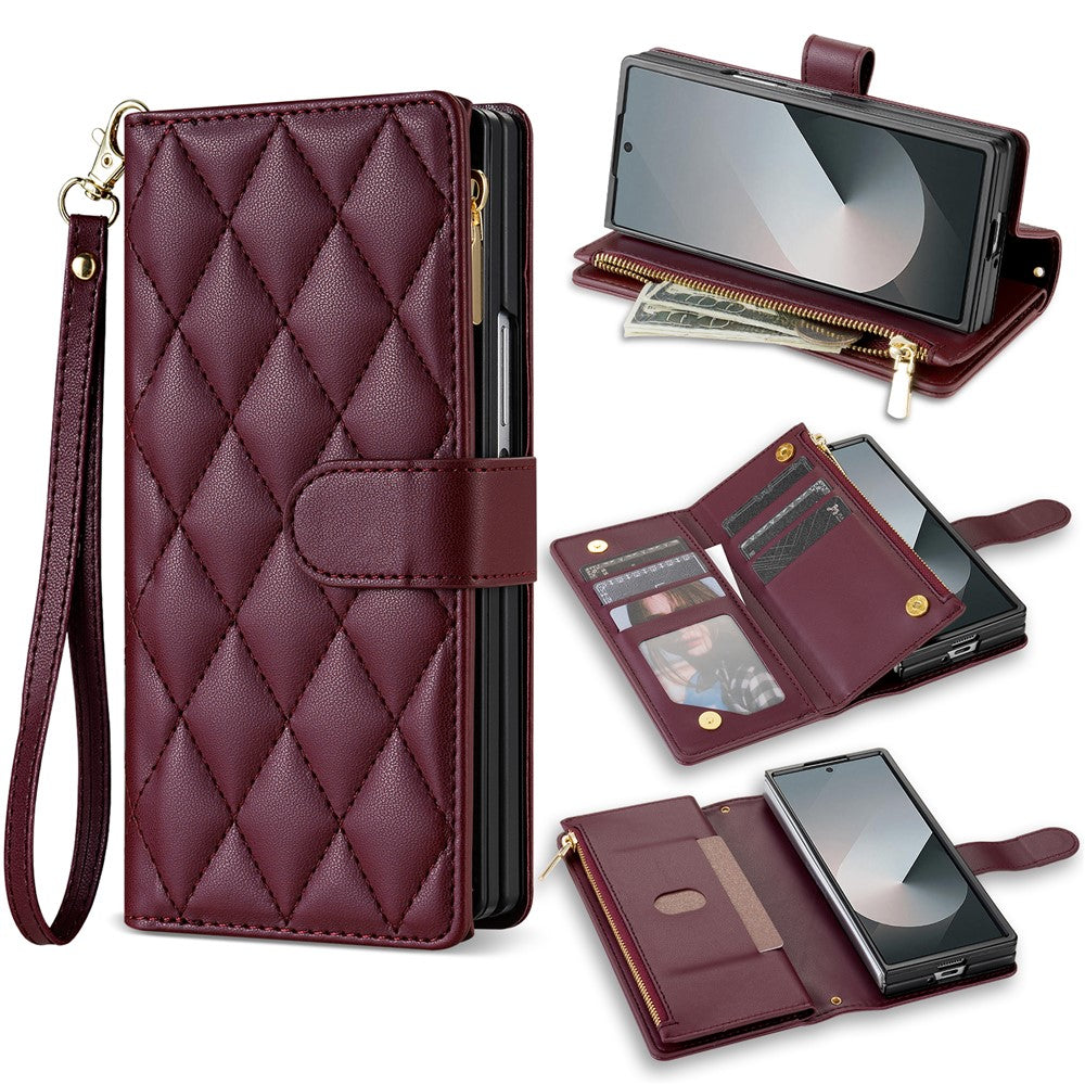 For Samsung Galaxy Z Fold7 5G Case Rhombus Stitching Leather Wallet Phone Cover with Long  /  Short Strap - Wine Red