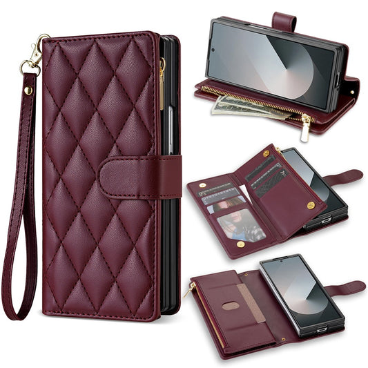 For Samsung Galaxy Z Fold7 5G Case Rhombus Stitching Leather Wallet Phone Cover with Long  /  Short Strap - Wine Red