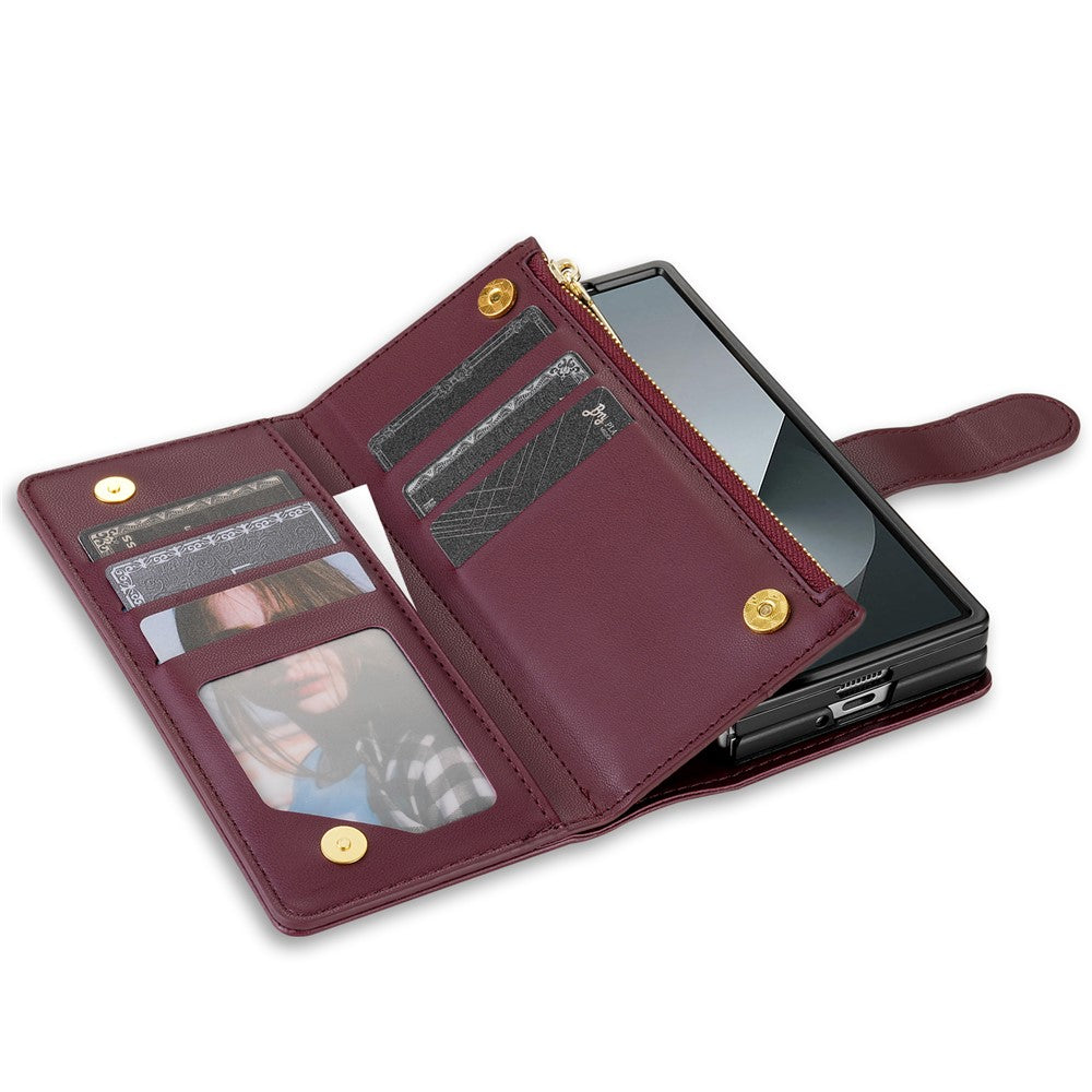 For Samsung Galaxy Z Fold7 5G Case Rhombus Stitching Leather Wallet Phone Cover with Long  /  Short Strap - Wine Red