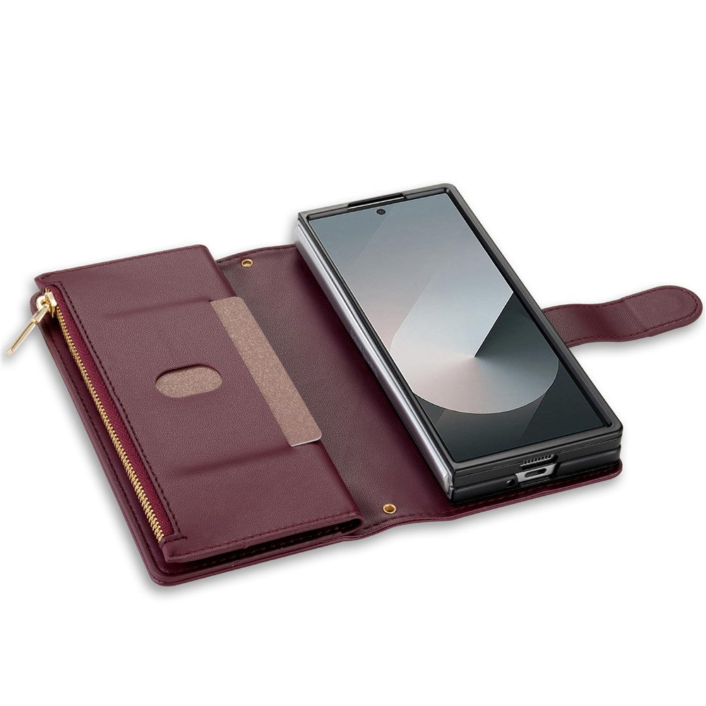 For Samsung Galaxy Z Fold7 5G Case Rhombus Stitching Leather Wallet Phone Cover with Long  /  Short Strap - Wine Red