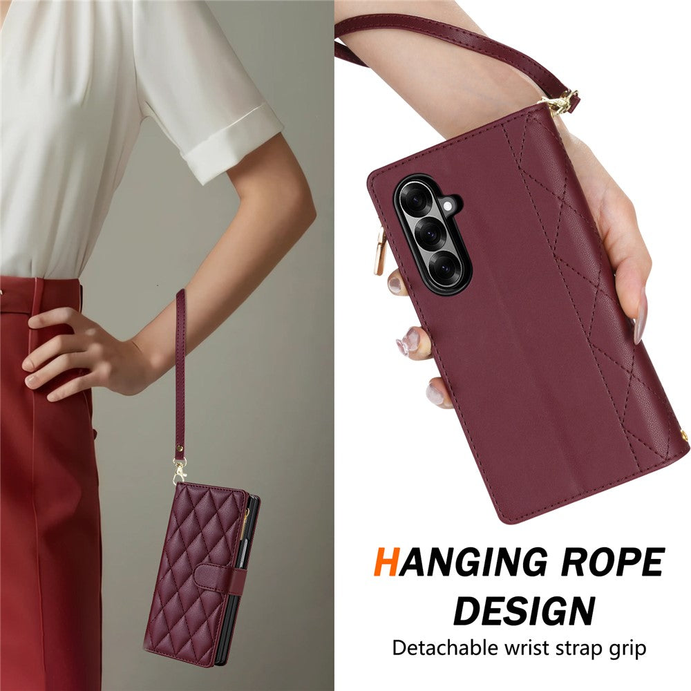 For Samsung Galaxy Z Fold7 5G Case Rhombus Stitching Leather Wallet Phone Cover with Long  /  Short Strap - Wine Red