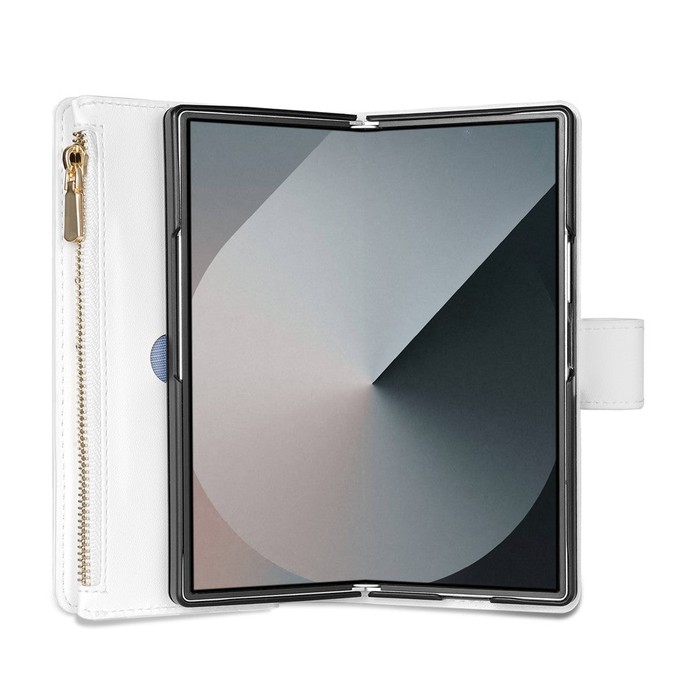 For Samsung Galaxy Z Fold7 5G Case Rhombus Stitching Leather Wallet Phone Cover with Long  /  Short Strap - White