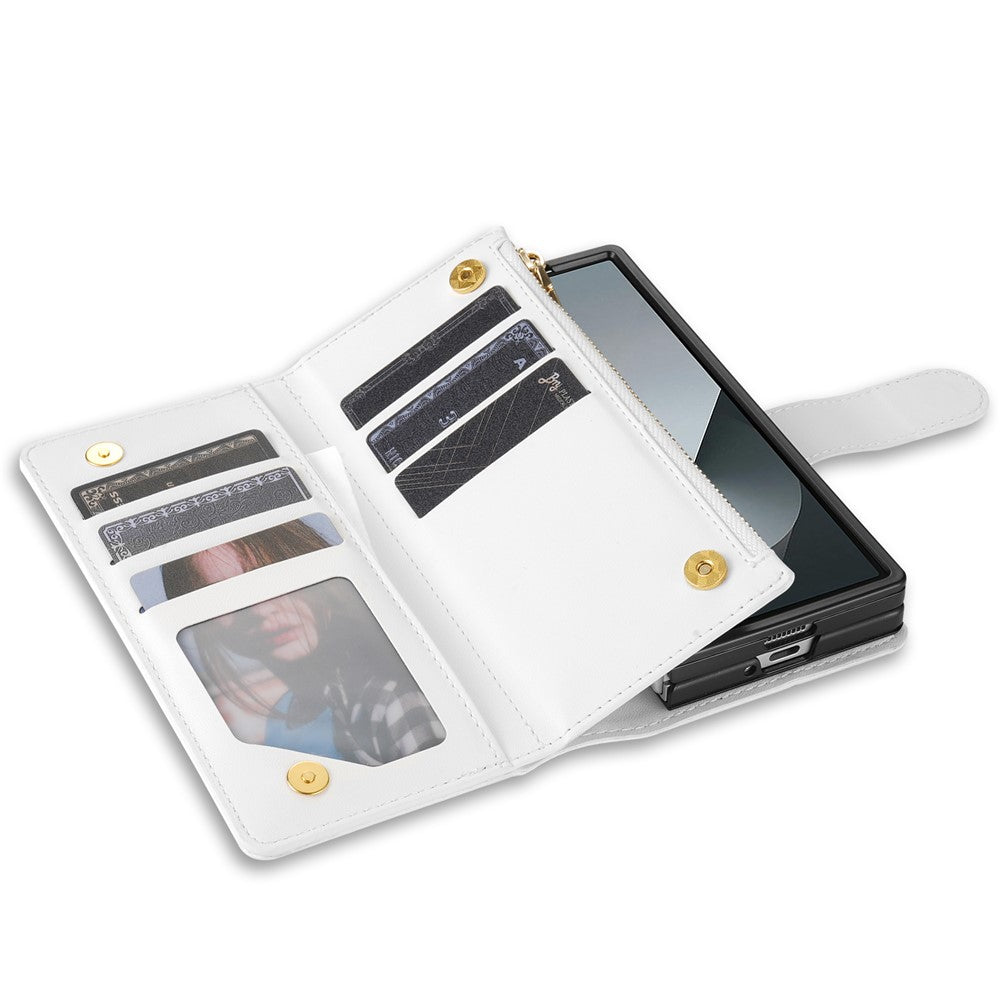 For Samsung Galaxy Z Fold7 5G Case Rhombus Stitching Leather Wallet Phone Cover with Long  /  Short Strap - White