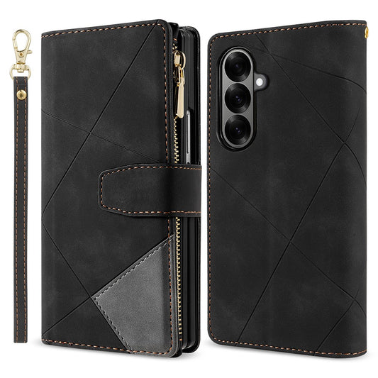 For Samsung Galaxy Z Fold7 5G PU + PC Case Color Splicing Leather Phone Cover with Strap - Black