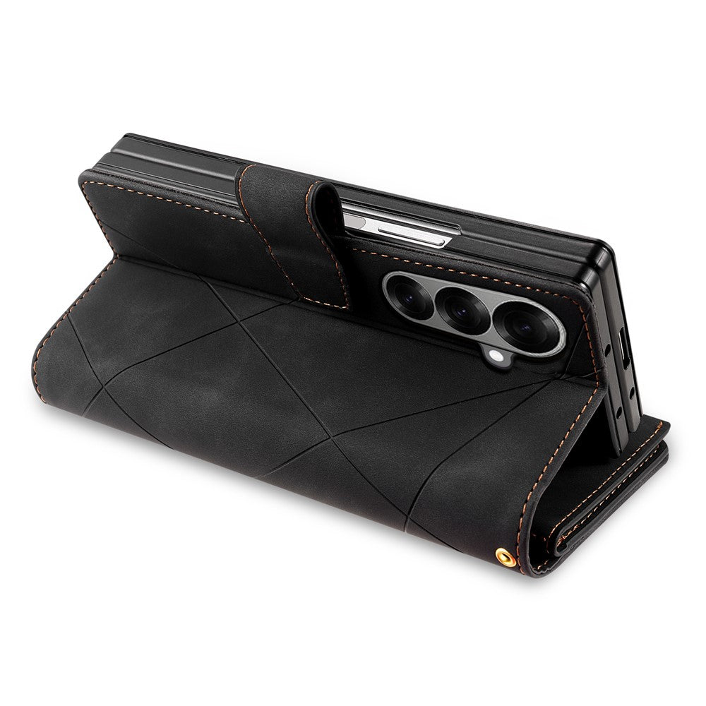 For Samsung Galaxy Z Fold7 5G PU + PC Case Color Splicing Leather Phone Cover with Strap - Black