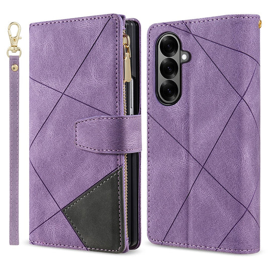For Samsung Galaxy Z Fold7 5G PU + PC Case Color Splicing Leather Phone Cover with Strap - Purple