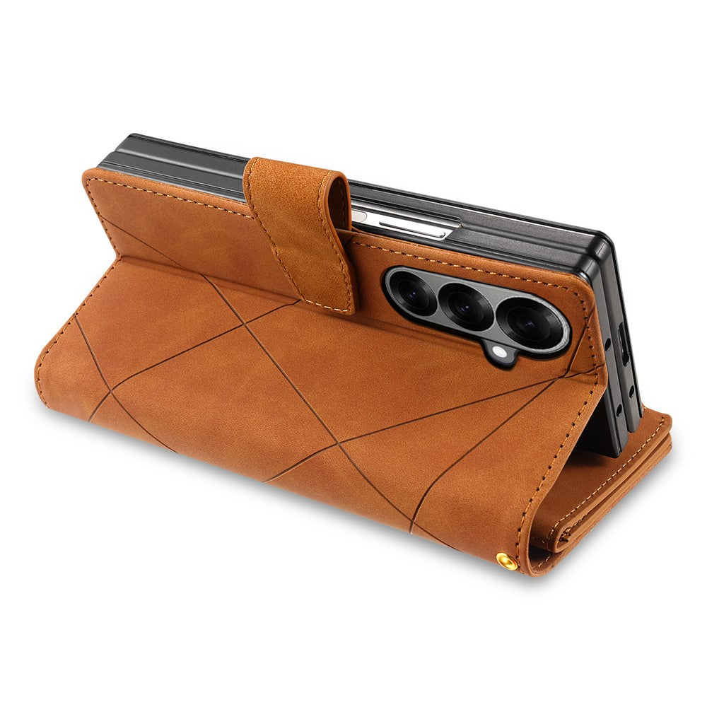 For Samsung Galaxy Z Fold7 5G PU + PC Case Color Splicing Leather Phone Cover with Strap - Brown