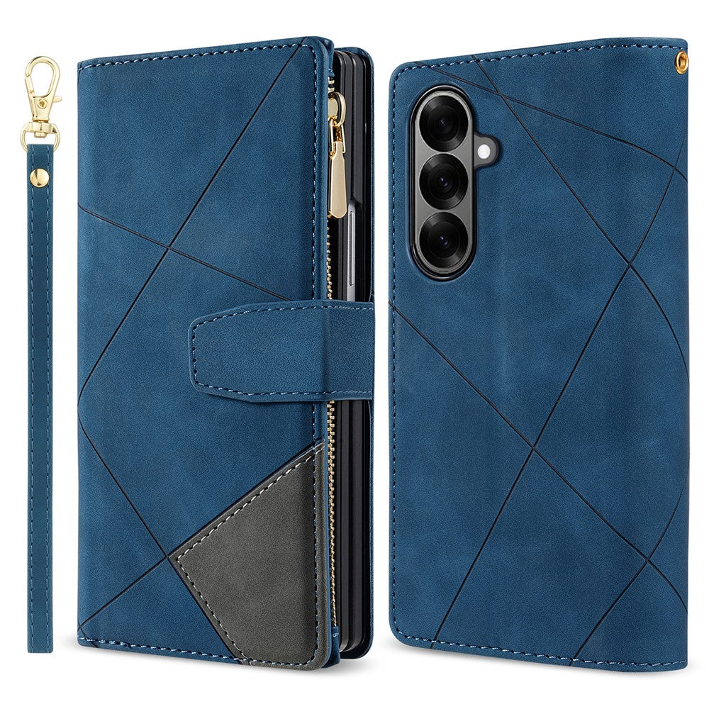 For Samsung Galaxy Z Fold7 5G PU + PC Case Color Splicing Leather Phone Cover with Strap - Blue