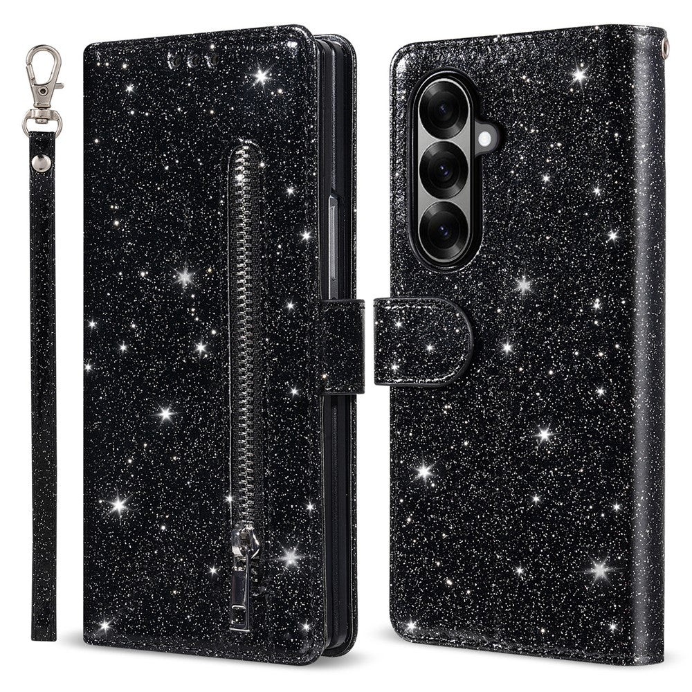 For Samsung Galaxy Z Fold7 5G PU + PC Stand Case Glitter Phone Leather Cover Zipper Pocket with Strap - Black