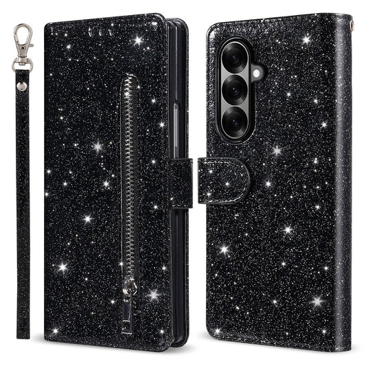 For Samsung Galaxy Z Fold7 5G PU + PC Stand Case Glitter Phone Leather Cover Zipper Pocket with Strap - Black
