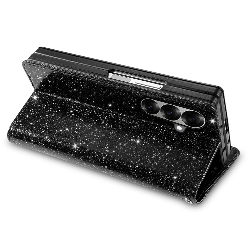 For Samsung Galaxy Z Fold7 5G PU + PC Stand Case Glitter Phone Leather Cover Zipper Pocket with Strap - Black