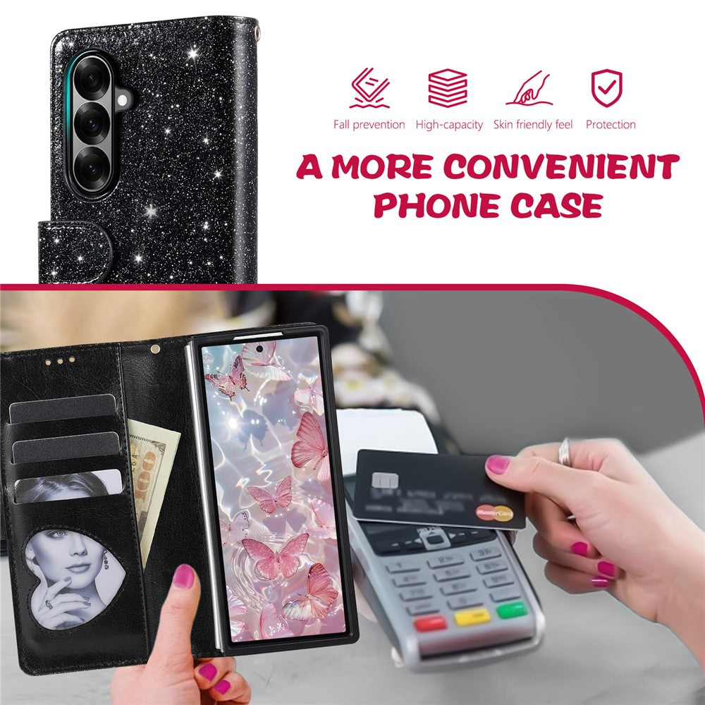 For Samsung Galaxy Z Fold7 5G PU + PC Stand Case Glitter Phone Leather Cover Zipper Pocket with Strap - Black