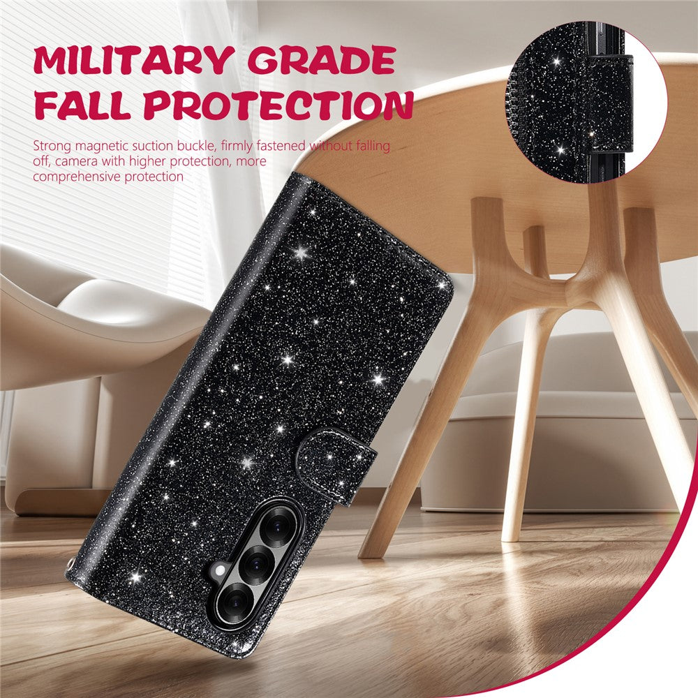 For Samsung Galaxy Z Fold7 5G PU + PC Stand Case Glitter Phone Leather Cover Zipper Pocket with Strap - Black