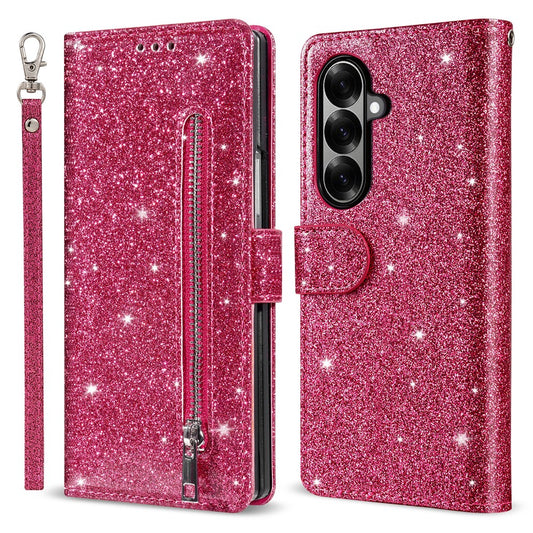 For Samsung Galaxy Z Fold7 5G PU + PC Stand Case Glitter Phone Leather Cover Zipper Pocket with Strap - Rose