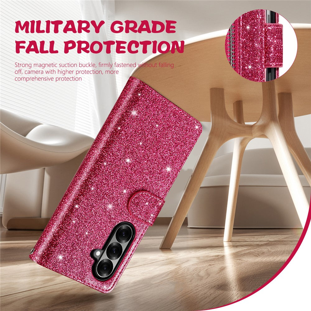 For Samsung Galaxy Z Fold7 5G PU + PC Stand Case Glitter Phone Leather Cover Zipper Pocket with Strap - Rose