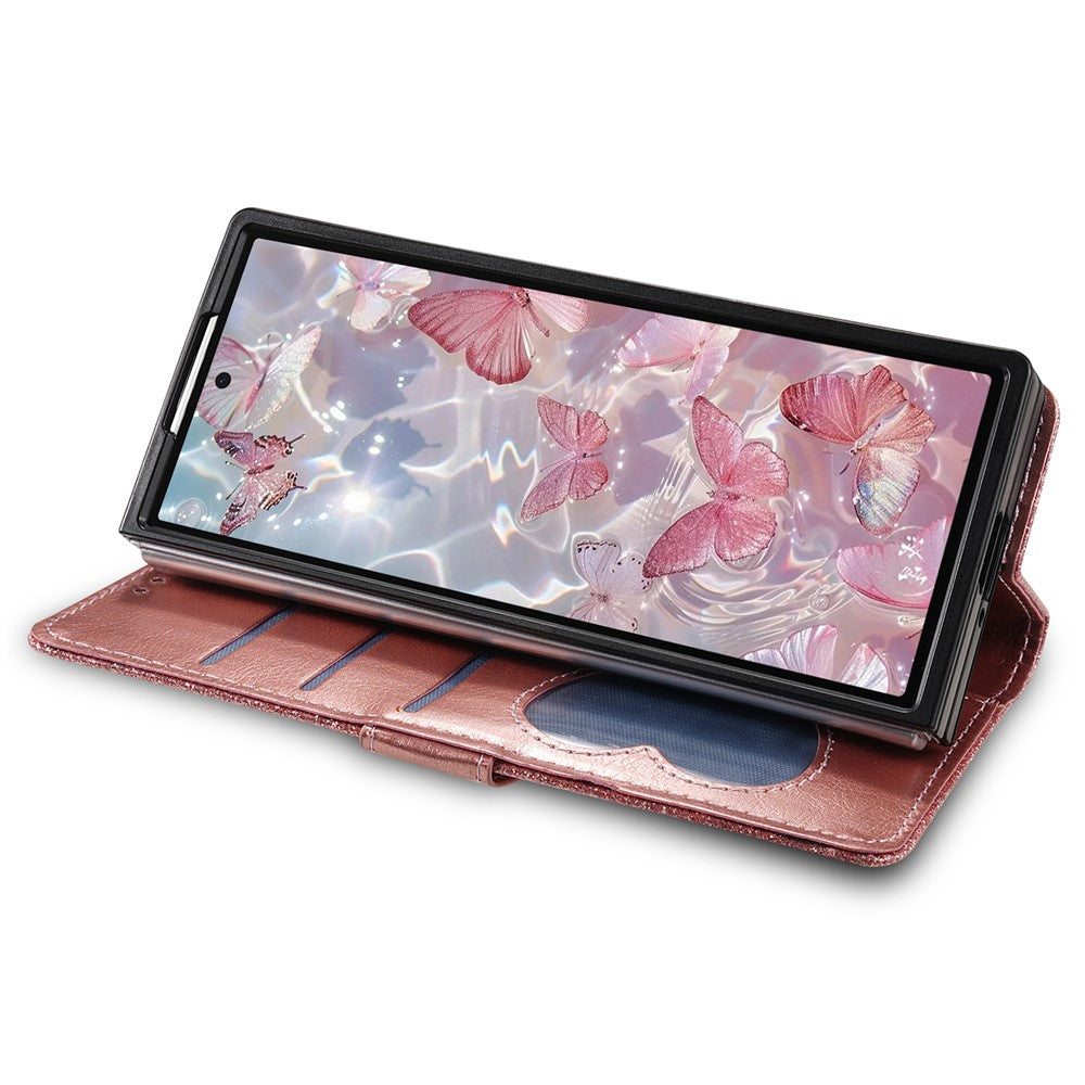 For Samsung Galaxy Z Fold7 5G PU + PC Stand Case Glitter Phone Leather Cover Zipper Pocket with Strap - Rose Gold