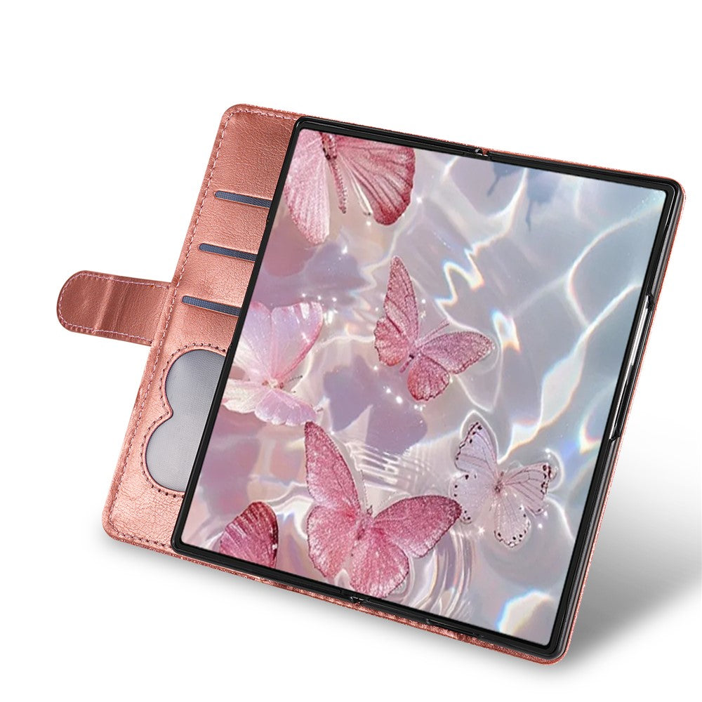 For Samsung Galaxy Z Fold7 5G PU + PC Stand Case Glitter Phone Leather Cover Zipper Pocket with Strap - Rose Gold