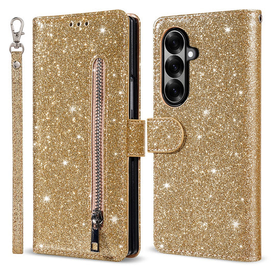 For Samsung Galaxy Z Fold7 5G PU + PC Stand Case Glitter Phone Leather Cover Zipper Pocket with Strap - Gold