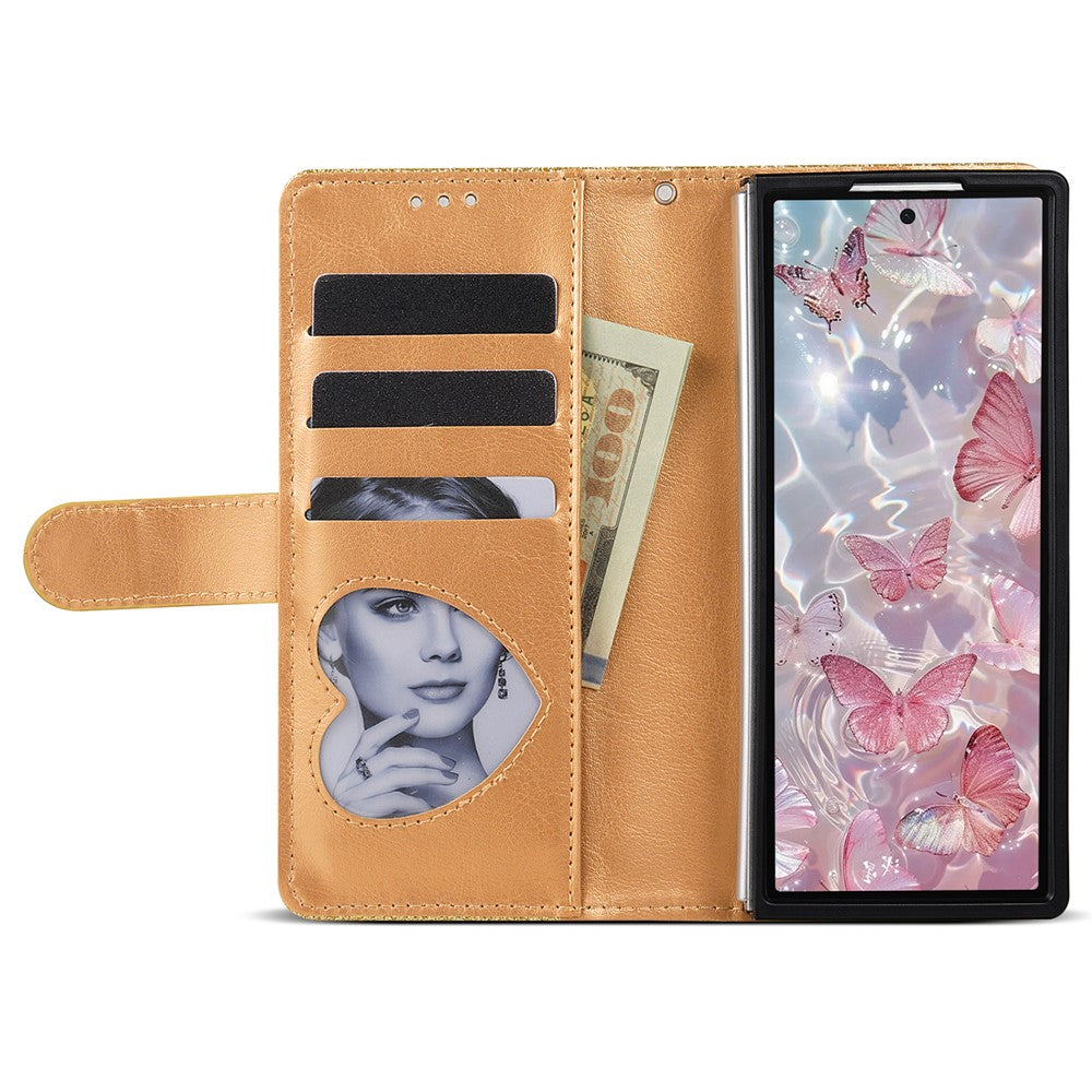 For Samsung Galaxy Z Fold7 5G PU + PC Stand Case Glitter Phone Leather Cover Zipper Pocket with Strap - Gold