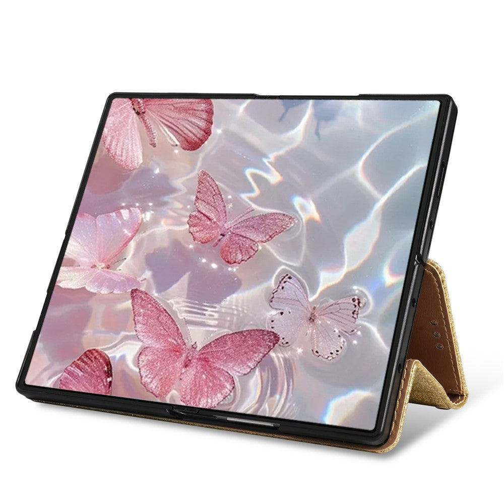 For Samsung Galaxy Z Fold7 5G PU + PC Stand Case Glitter Phone Leather Cover Zipper Pocket with Strap - Gold