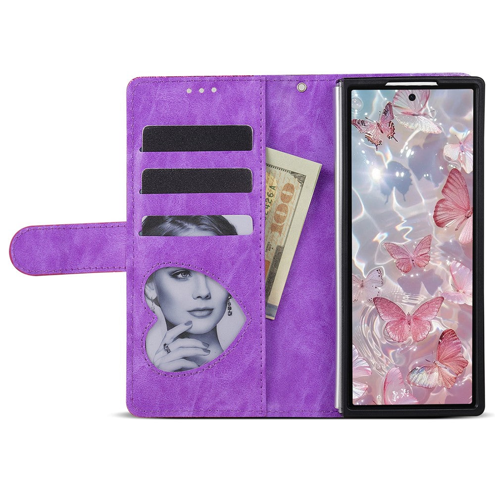 For Samsung Galaxy Z Fold7 5G PU + PC Stand Case Glitter Phone Leather Cover Zipper Pocket with Strap - Purple