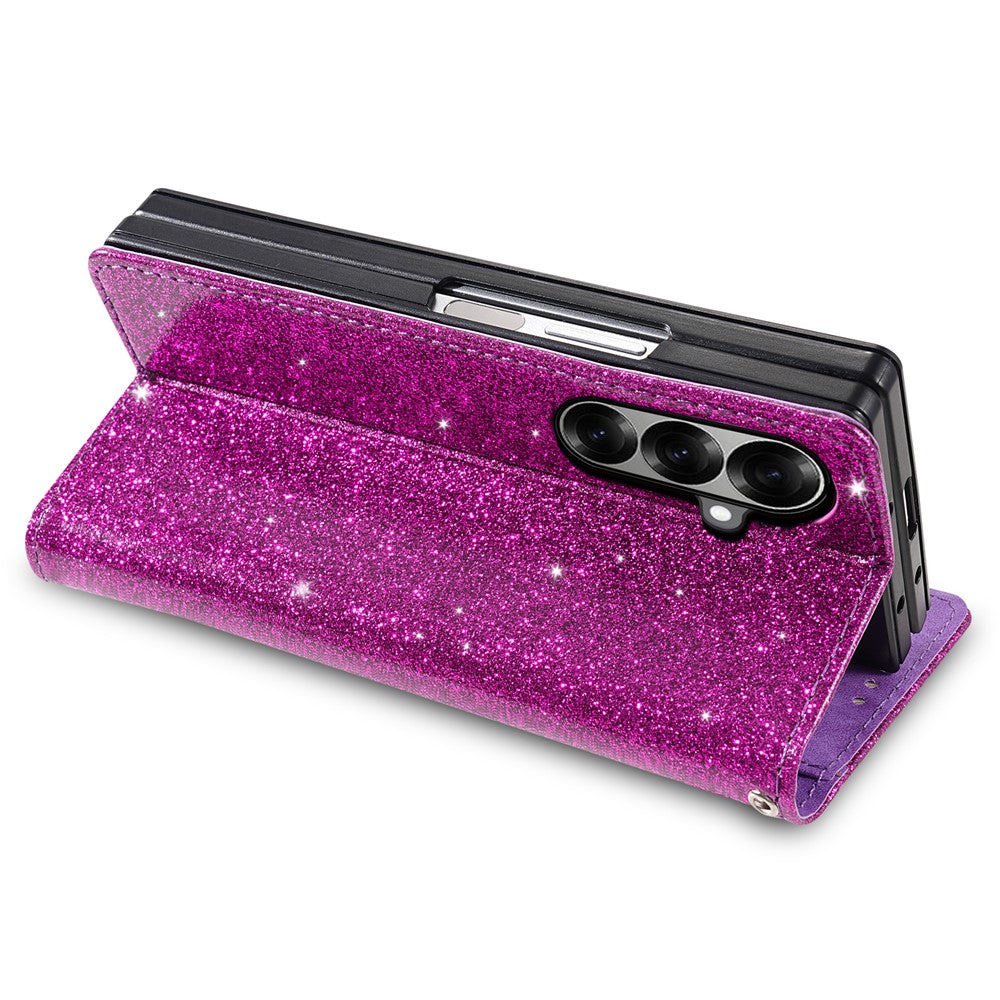For Samsung Galaxy Z Fold7 5G PU + PC Stand Case Glitter Phone Leather Cover Zipper Pocket with Strap - Purple
