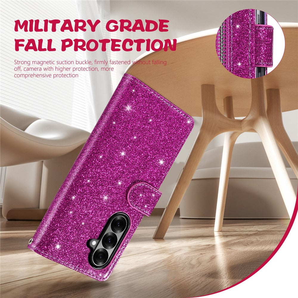 For Samsung Galaxy Z Fold7 5G PU + PC Stand Case Glitter Phone Leather Cover Zipper Pocket with Strap - Purple