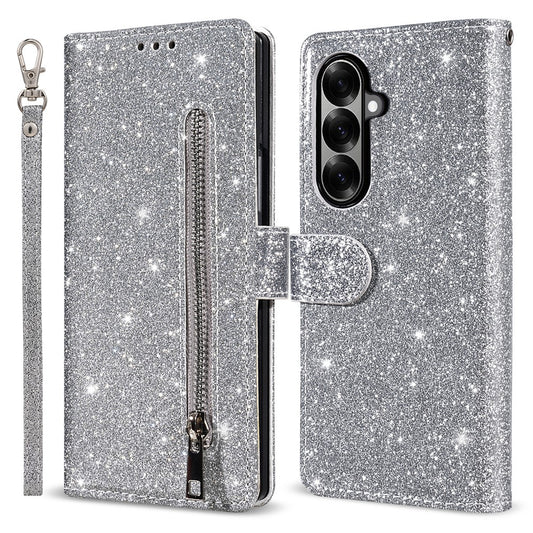 For Samsung Galaxy Z Fold7 5G PU + PC Stand Case Glitter Phone Leather Cover Zipper Pocket with Strap - Silver