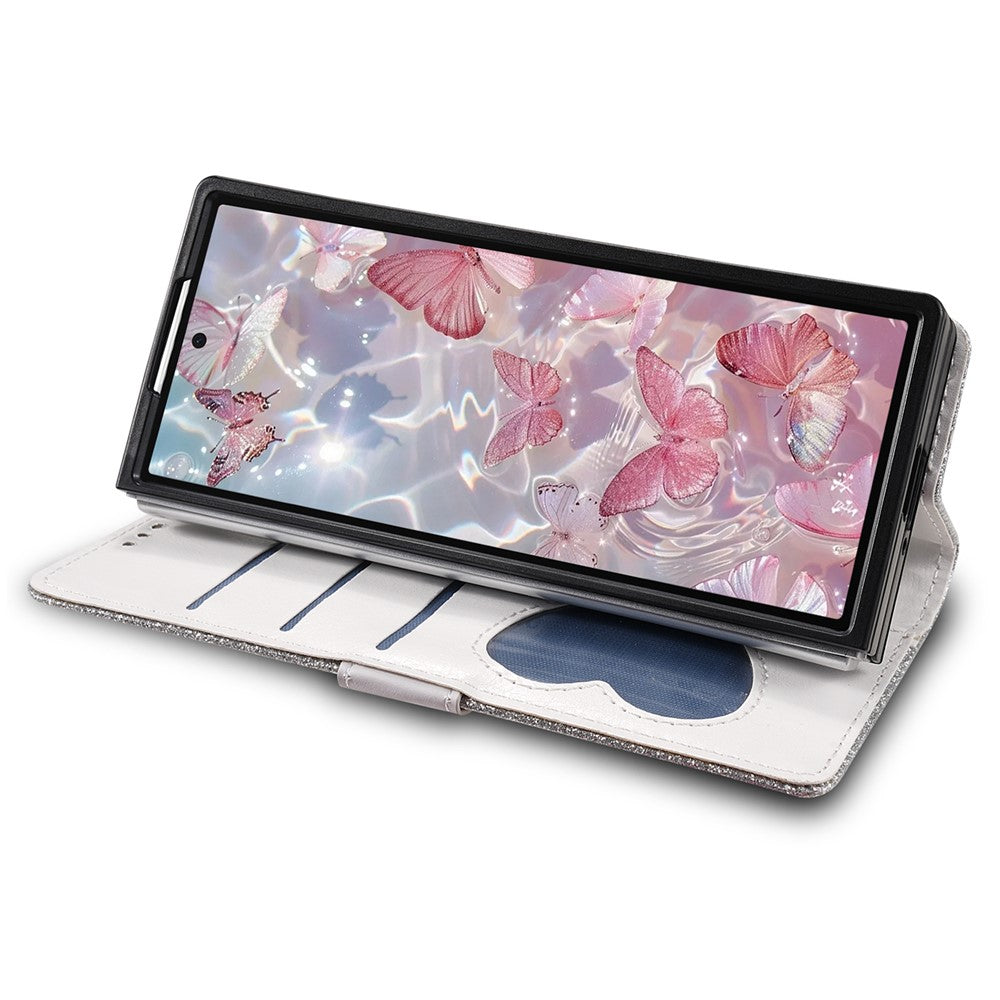 For Samsung Galaxy Z Fold7 5G PU + PC Stand Case Glitter Phone Leather Cover Zipper Pocket with Strap - Silver