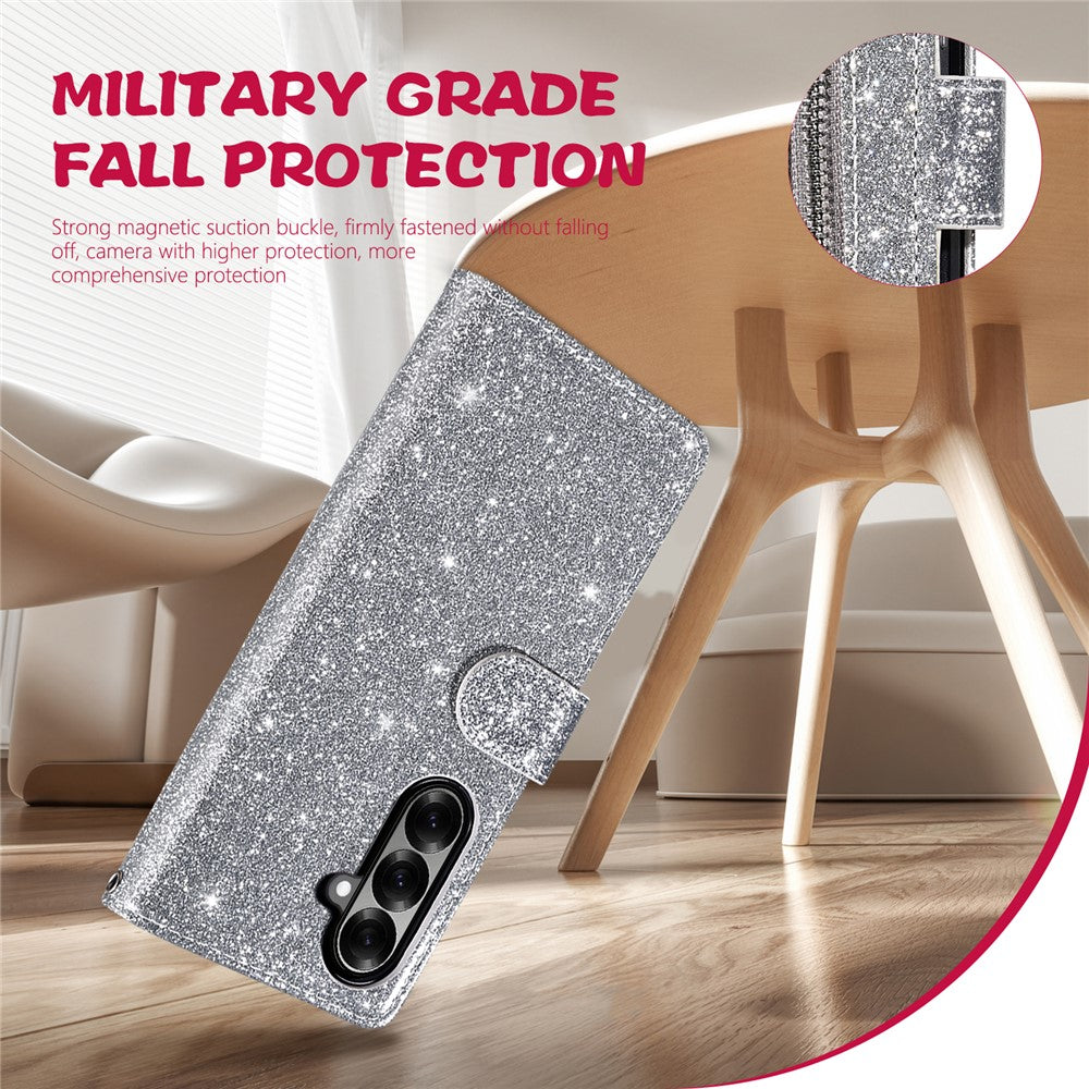 For Samsung Galaxy Z Fold7 5G PU + PC Stand Case Glitter Phone Leather Cover Zipper Pocket with Strap - Silver