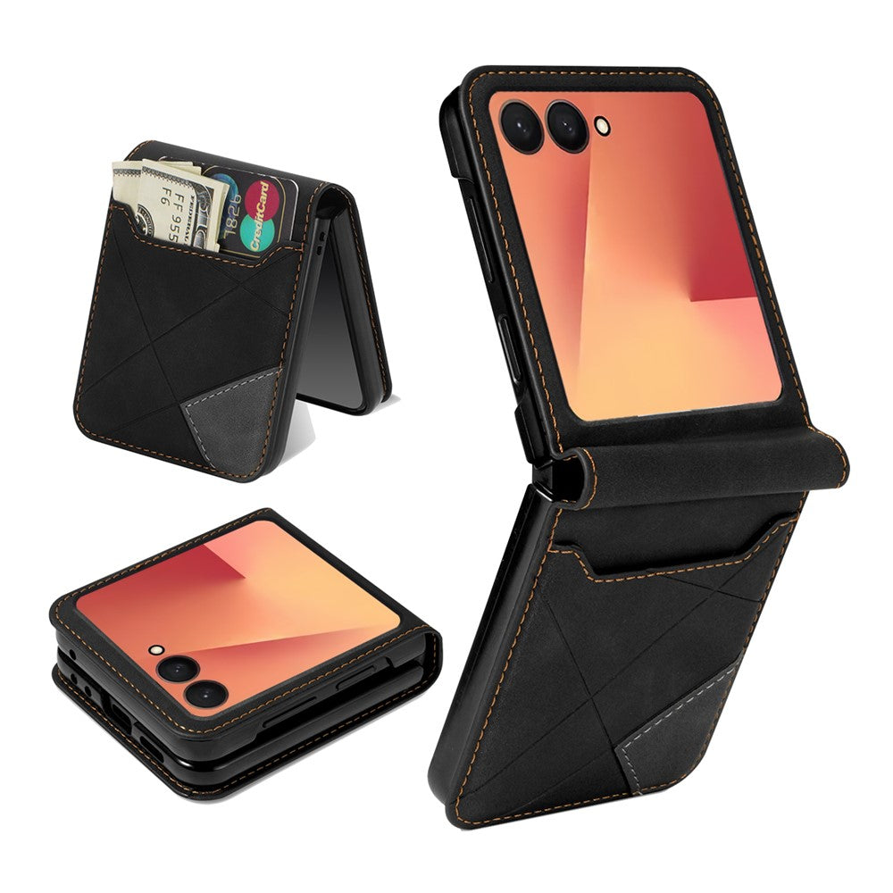 For Samsung Galaxy Z Flip7 5G Case Card Holder Color Splicing PU Leather + PC Phone Cover - Black