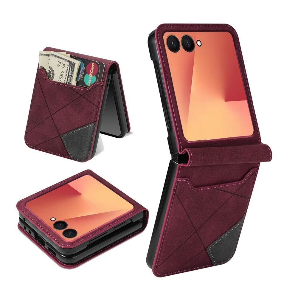 For Samsung Galaxy Z Flip7 5G Case Card Holder Color Splicing PU Leather + PC Phone Cover - Red