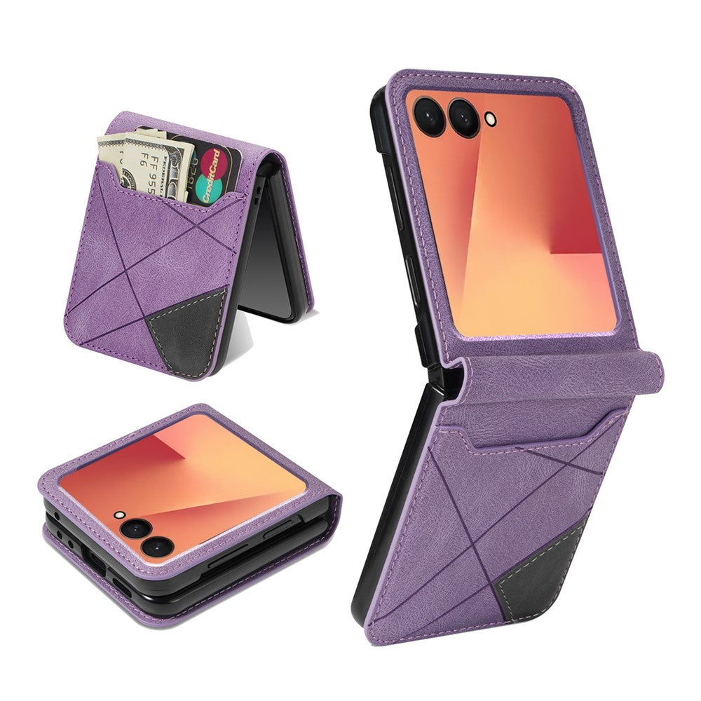 For Samsung Galaxy Z Flip7 5G Case Card Holder Color Splicing PU Leather + PC Phone Cover - Purple