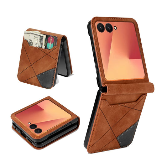 For Samsung Galaxy Z Flip7 5G Case Card Holder Color Splicing PU Leather + PC Phone Cover - Brown