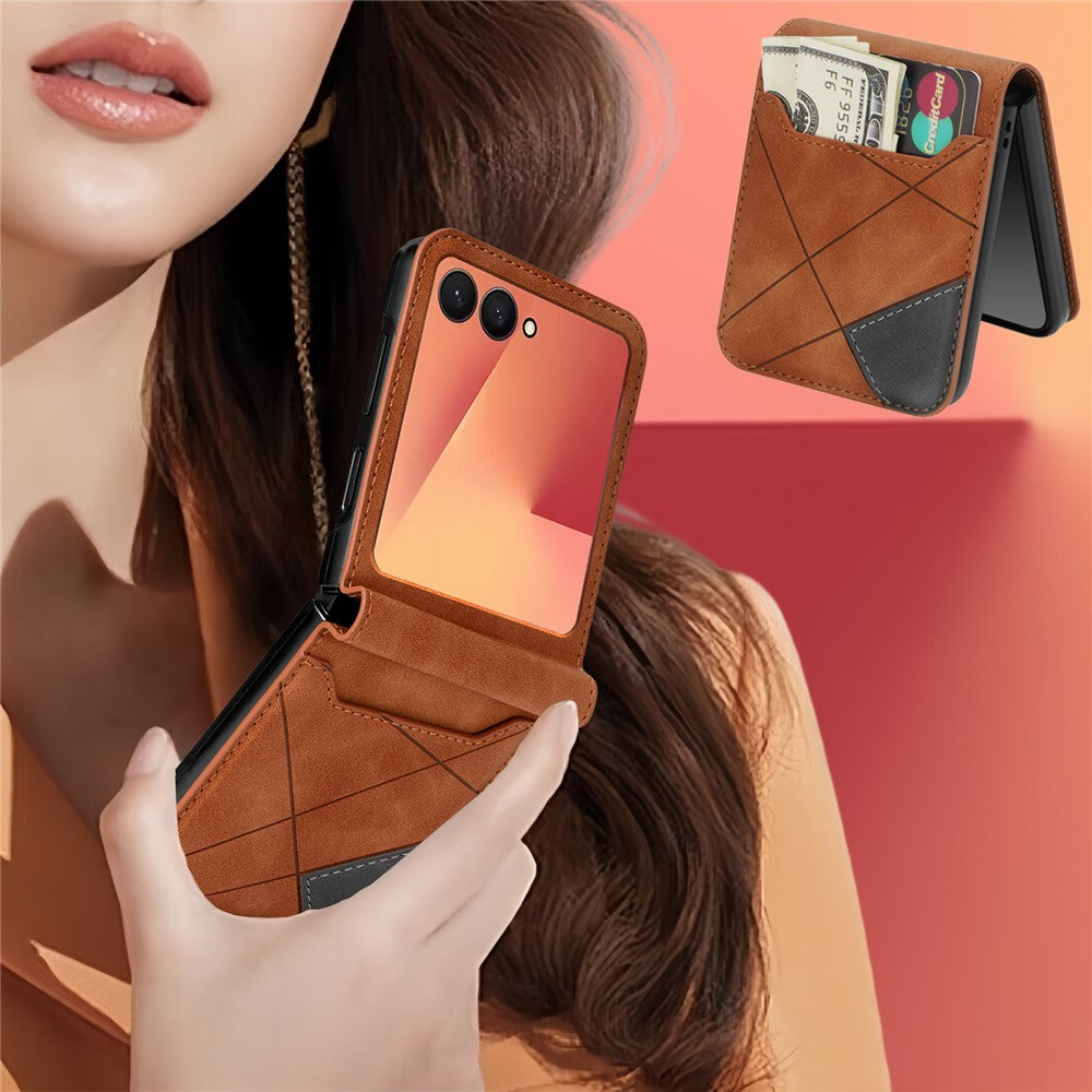For Samsung Galaxy Z Flip7 5G Case Card Holder Color Splicing PU Leather + PC Phone Cover - Brown