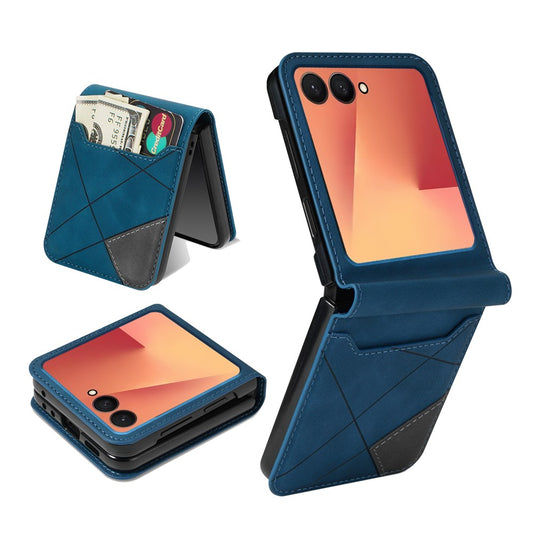 For Samsung Galaxy Z Flip7 5G Case Card Holder Color Splicing PU Leather + PC Phone Cover - Blue