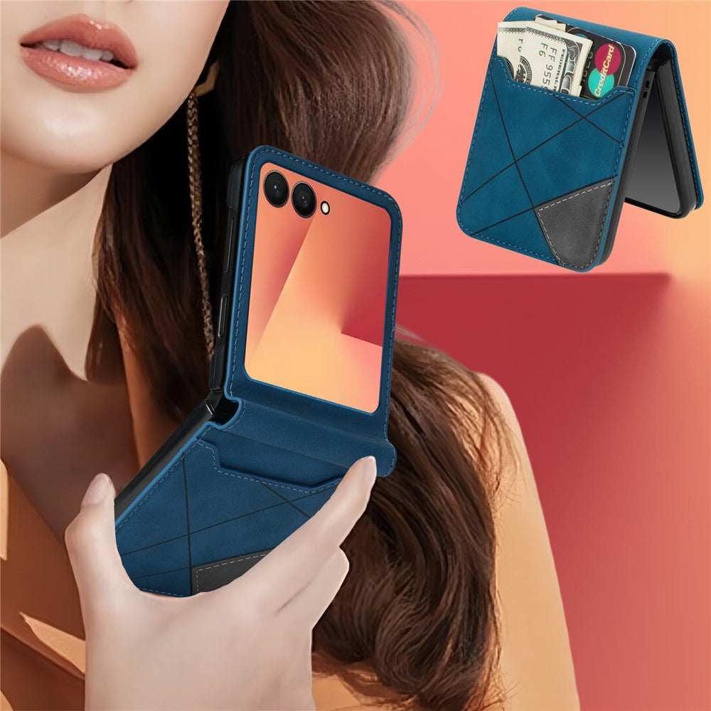 For Samsung Galaxy Z Flip7 5G Case Card Holder Color Splicing PU Leather + PC Phone Cover - Blue