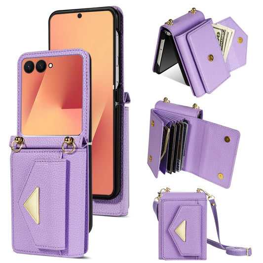 For Samsung Galaxy Z Flip7 5G Case Card Slots PU + PC Phone Cover with Long Strap - Purple