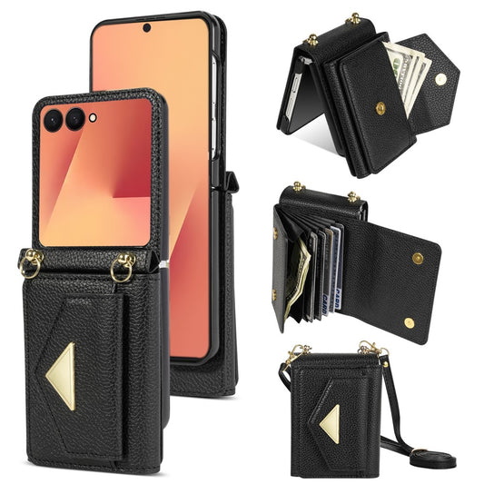 For Samsung Galaxy Z Flip7 5G Case Card Slots PU + PC Phone Cover with Long Strap - Black