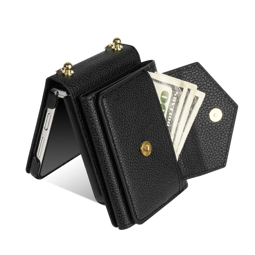For Samsung Galaxy Z Flip7 5G Case Card Slots PU + PC Phone Cover with Long Strap - Black